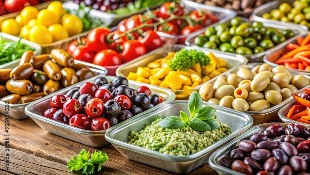 Fresh and vibrant olives salad bar with assorted toppings, healthy, organic, Greek, Mediterranean, vegetarian, appetizer Fresh and vibrant olives salad bar with assorted toppings, healthy, organic, Greek, Mediterranean, vegetarian, appetizer