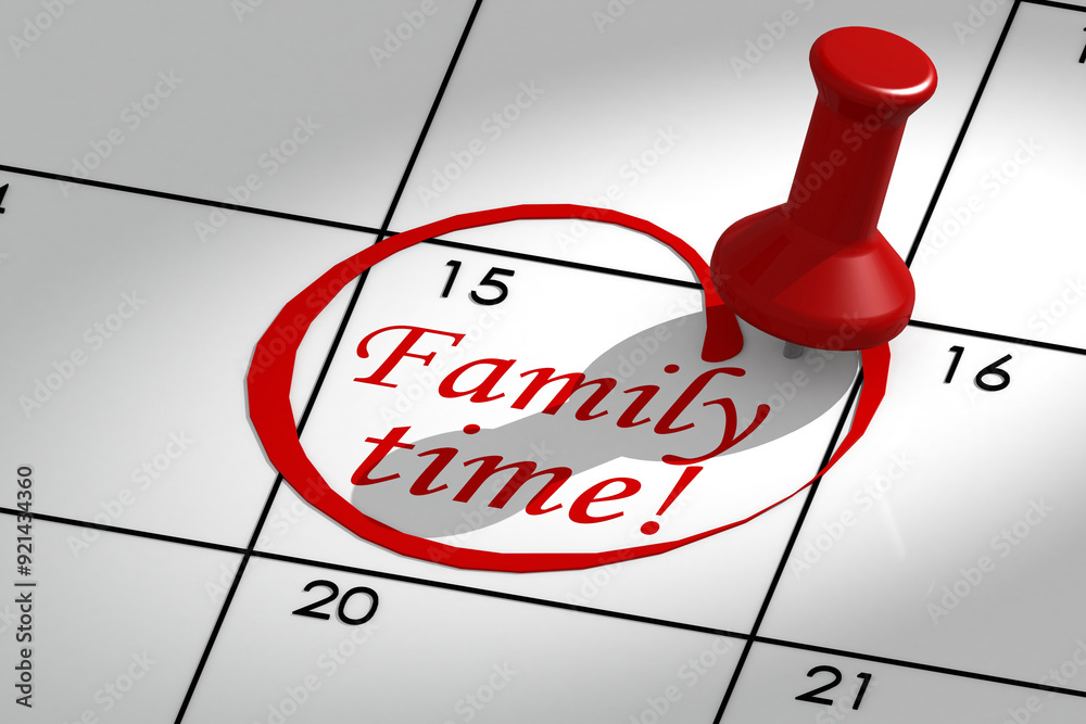Family time word marked on calendar with push pin