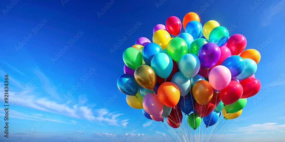 Cluster of colorful helium balloons against clear blue sky, balloons, helium, colorful, cluster, clear sky, blue Cluster of colorful helium balloons against clear blue sky, balloons, helium, colorful, cluster, clear sky, blue