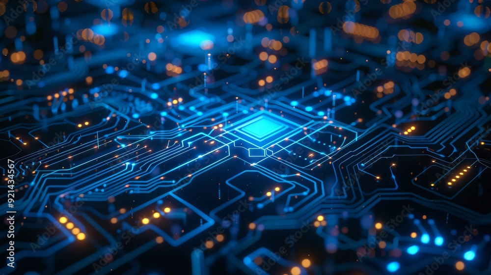 Tech Picture Reference. Abstract Blue Circuit with AI Symbols Tech Picture Reference. Abstract Blue Circuit with AI Symbols