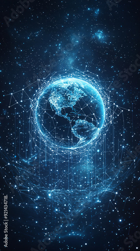 Global Connection Concept with Orbiting Satellites and Data Streams on Starry Background | Abstract Technology Banner Design with Copy Space