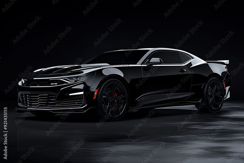 Fototapeta premium Black luxury sports car showcased with a sleek design on a black background.