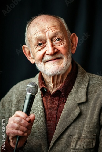 elderly man with a microphone standing at a podium  Generative AI photo