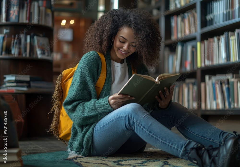 Happy Young Student Woman Sitting on Library Floor Reading Book with Yellow Backpack Happy Young Student Woman Sitting on Library Floor Reading Book with Yellow Backpack