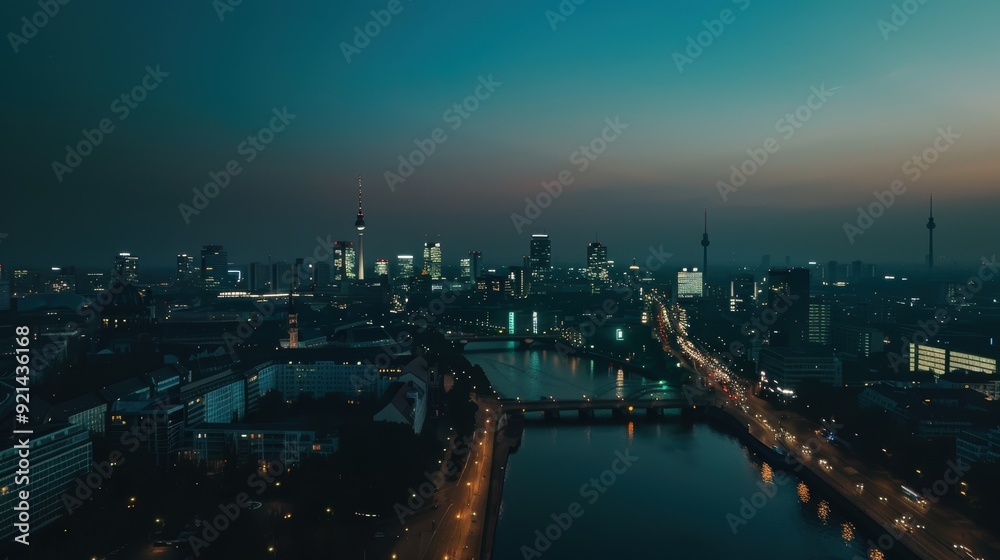 Fototapeta premium Aerial view of the berlin skyline at dusk, with the spree river flowing through the city center and city lights illuminating the urban landscape