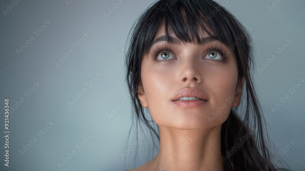 Studio portrait of a beautiful model looking upwards. She is isolated against a neutral background and has a fresh, clean complexion. Skin care and cosmetics. Copy space. Studio portrait of a beautiful model looking upwards. She is isolated against a neutral background and has a fresh, clean complexion. Skin care and cosmetics. Copy space.