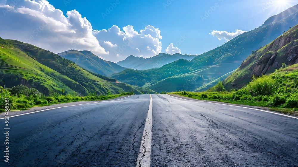 Naklejka premium Asphalt Road Leading Through Lush Mountain Landscape