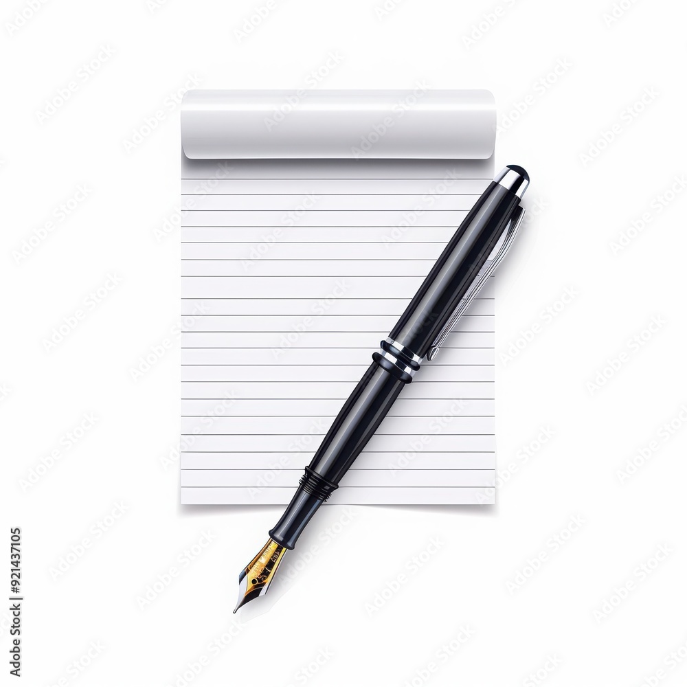 Elegant fountain pen resting on a notepad, ideal for creative writing, note-taking, or journaling projects. Elegant fountain pen resting on a notepad, ideal for creative writing, note-taking, or journaling projects.