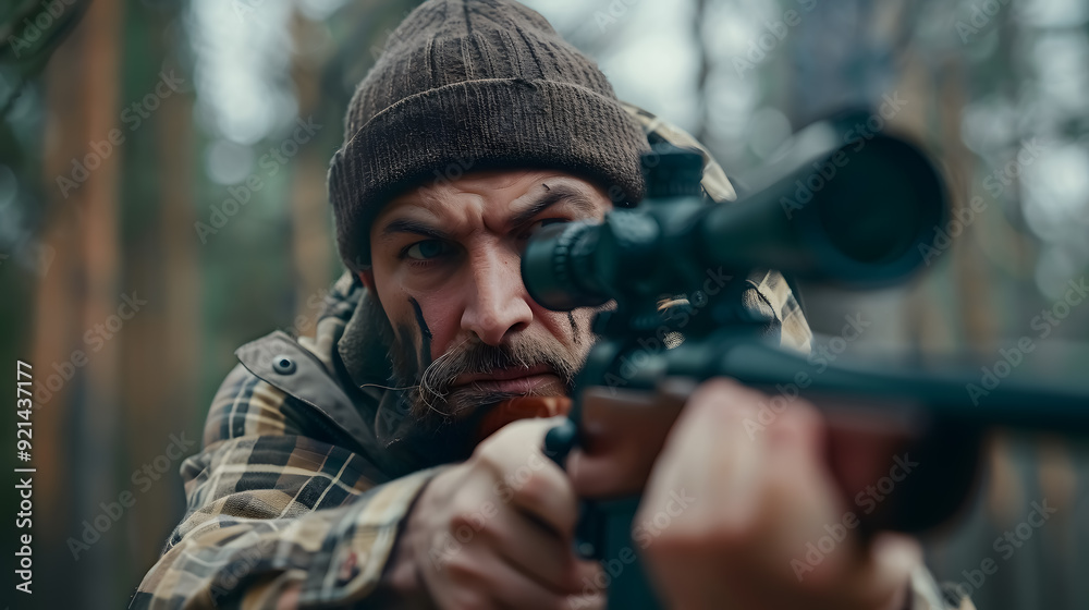 Fototapeta premium Hunter with a gun, aiming at a target during a hunt.
