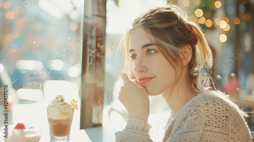 Young woman enjoying eating dessert and drinks in cafe while traveling