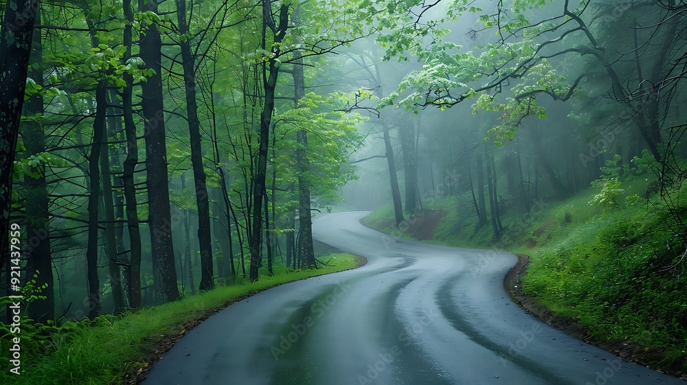 Winding Road Through Misty Forest Winding Road Through Misty Forest