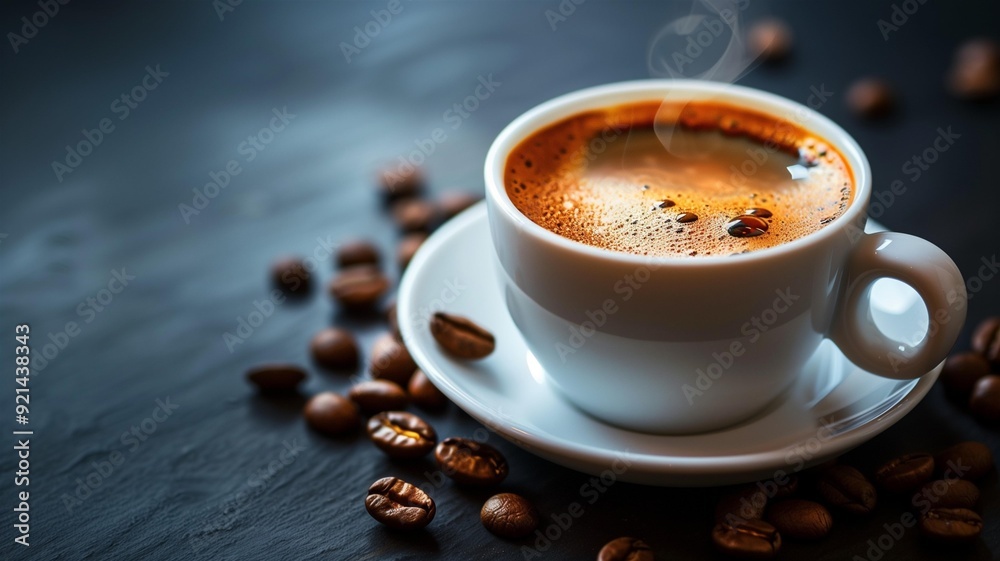 Close-up shot of a steaming cup of aromatic coffee with scattered coffee beans Close-up shot of a steaming cup of aromatic coffee with scattered coffee beans