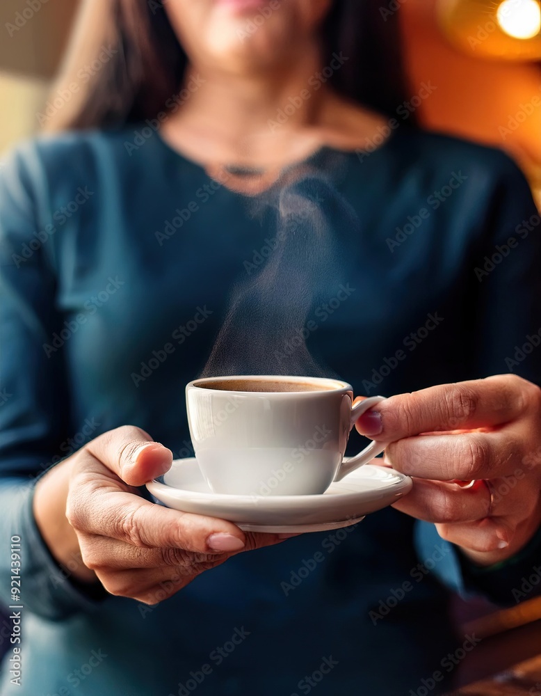 Close-up of hands holding a steaming espresso cup focused on the cup with a blurred background Close-up of hands holding a steaming espresso cup focused on the cup with a blurred background
