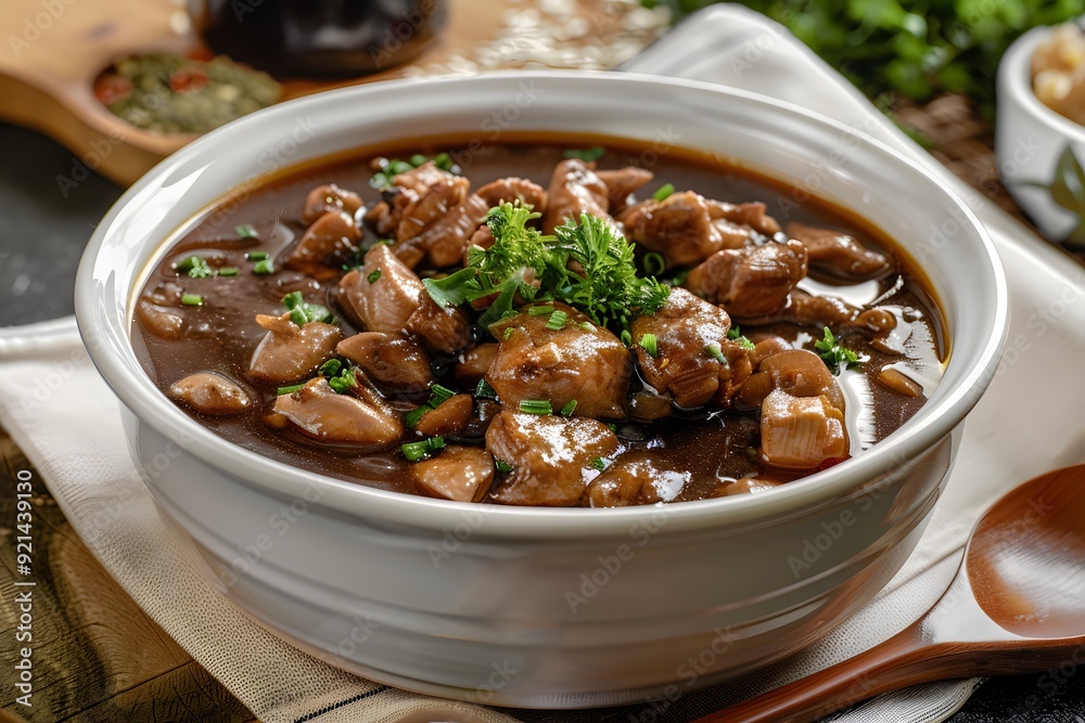 Chicken and Mushroom Stew in a White Bowl Chicken and Mushroom Stew in a White Bowl