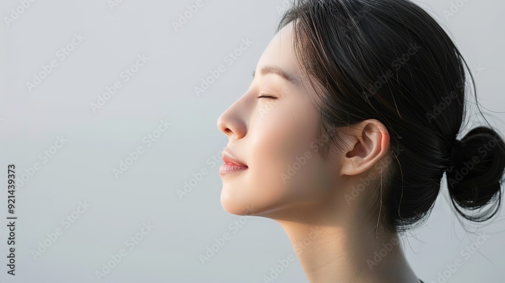 Side view of Beautiful young asian woman with clean fresh skin on white background Side view of Beautiful young asian woman with clean fresh skin on white background