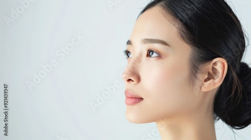 photograph of Side view of Beautiful young asian woman with clean fresh skin on white background realistic daylight --ar 16:9 --v 6 Job ID: f43d95e0-60e0-4c41-8144-93d748e2b91b