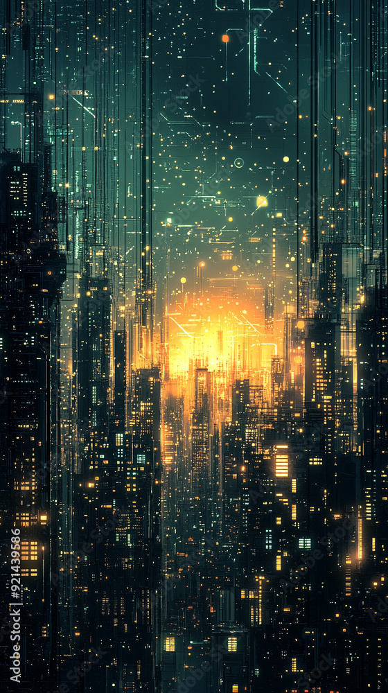 Fototapeta premium A banner with a digital cityscape silhouette and pixelated elements, evoking a sense of innovation and technology, with room for text and copy space