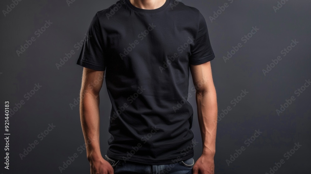 man wearing black shirt on gray background. mockup concept man wearing black shirt on gray background. mockup concept