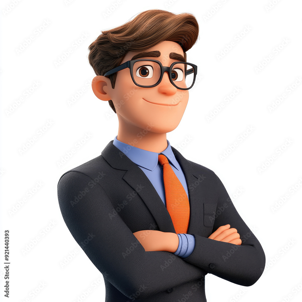 3D cartoon, A smiling young man in glasses is depicted, wearing an elegant suit and tie with his arms crossed in a pose. on a white background 3D cartoon, A smiling young man in glasses is depicted, wearing an elegant suit and tie with his arms crossed in a pose. on a white background
