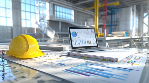 Generate a photo realistic image of a construction project team evaluating financial performance, with detailed budgeting charts and performance reports; ensure the image is of high resolution 