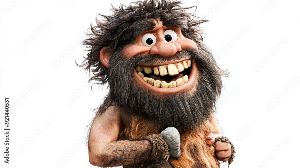 A cartoon caveman with a big smile, long hair and a beard, holding a stone tool in his hand. A cartoon caveman with a big smile, long hair and a beard, holding a stone tool in his hand.