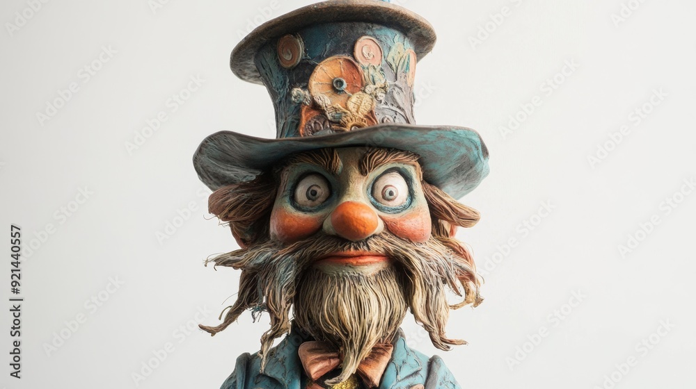 Fototapeta premium A close-up of a whimsical, handcrafted figurine with a large, ornate hat, a long beard, and wide, expressive eyes.