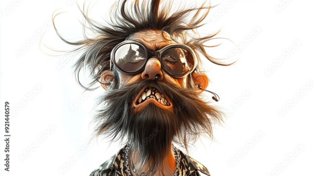 Naklejka premium A digital illustration of a man with a long beard and wild hair, wearing sunglasses, and looking up with a mischievous grin.