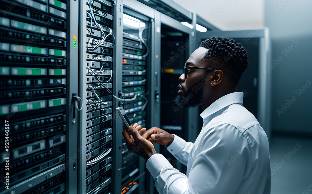 A young black male network engineer or IT specialist working on the servers; server technician conducting maintenance; technology and information technology; data server and center A young black male network engineer or IT specialist working on the servers; server technician conducting maintenance; technology and information technology; data server and center