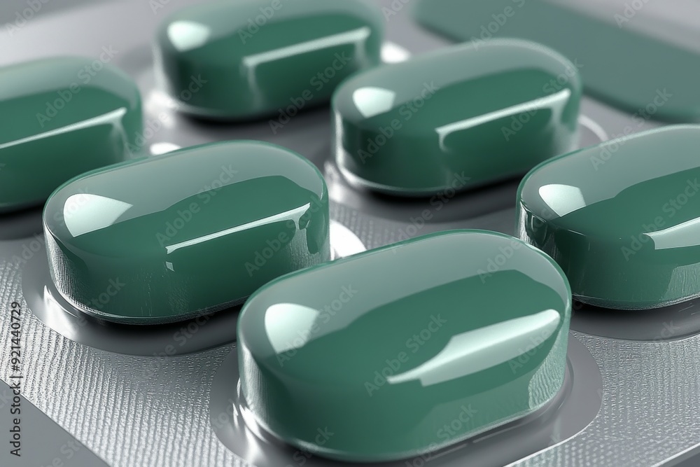 Macro shot of glossy green capsules highlighting precision in pharmaceutical manufacturing and design