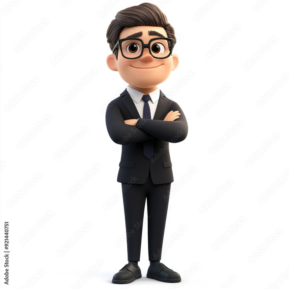 3D cartoon, A smiling young man in glasses is depicted, wearing an elegant suit and tie with his arms crossed in a pose. on a white background 3D cartoon, A smiling young man in glasses is depicted, wearing an elegant suit and tie with his arms crossed in a pose. on a white background