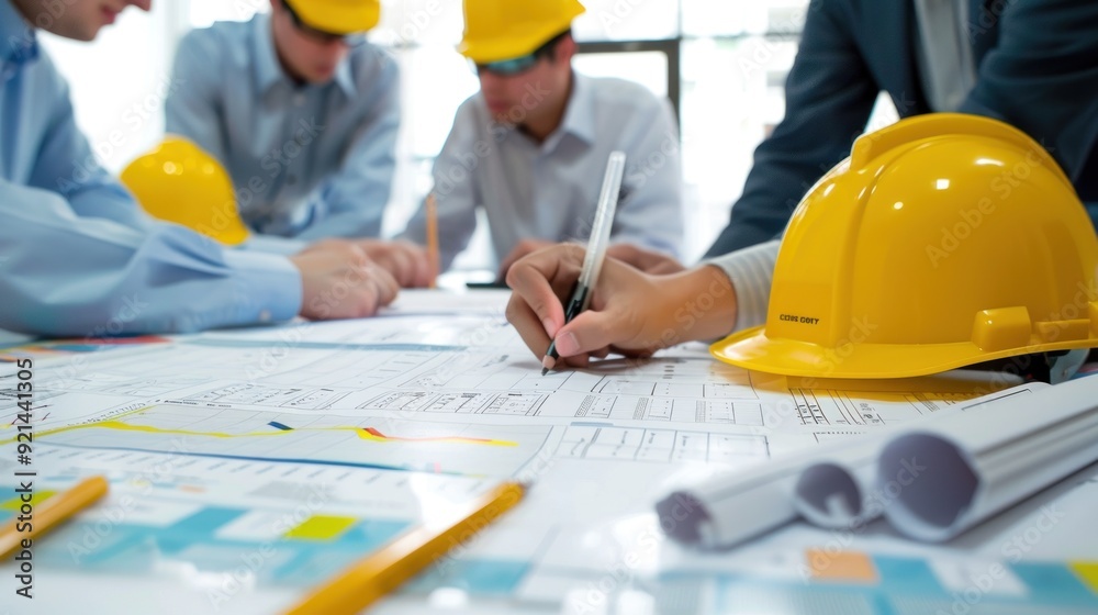 Generate a photo realistic image of a construction project team in a session focused on cost control measures, with detailed financial charts and control plans; Generate a photo realistic image of a construction project team in a session focused on cost control measures, with detailed financial charts and control plans;