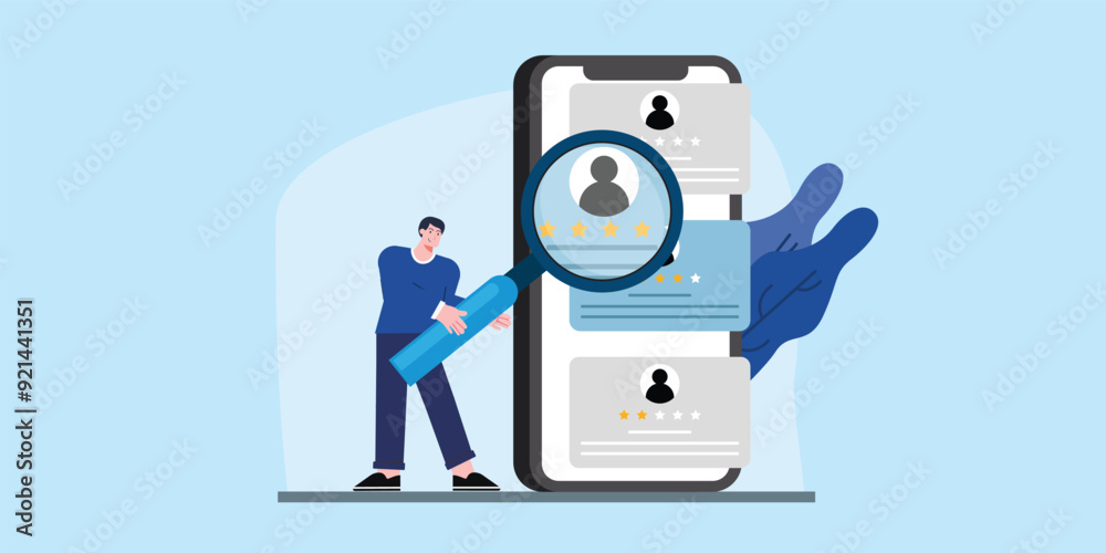 concept illustration of a man looking at contact data with a magnifying glass concept illustration of a man looking at contact data with a magnifying glass