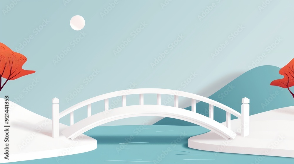 Fototapeta premium A clean, simple bridge above a flowing stream, flat design, basic shapes, 2D vector illustration, light colors