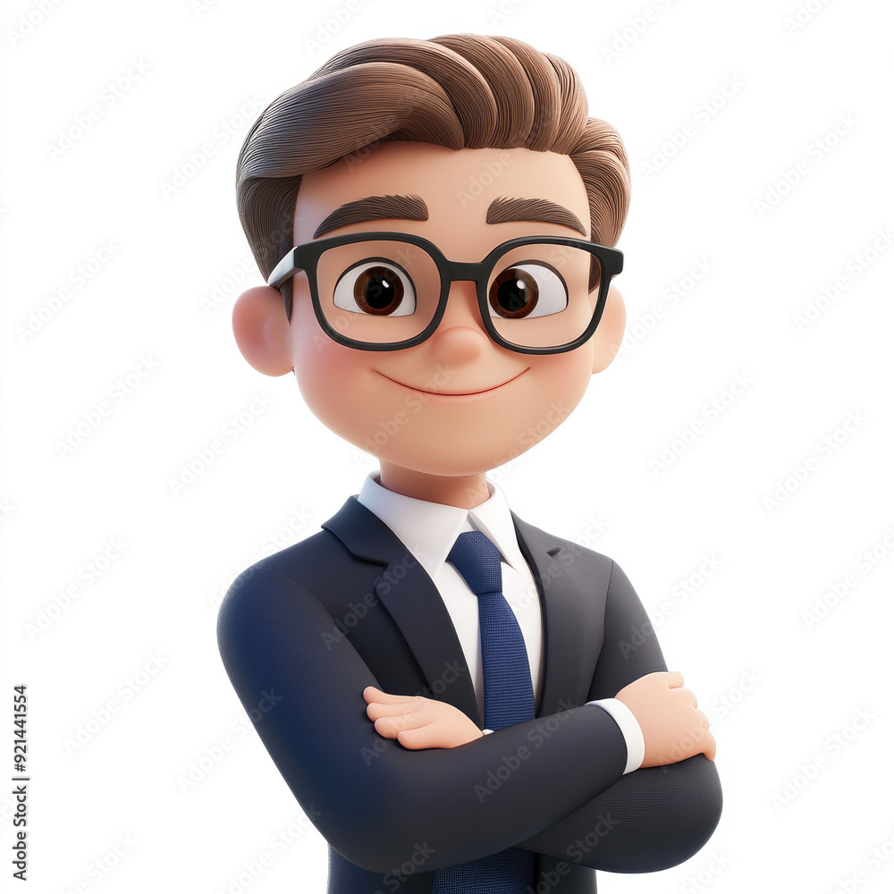 3D cartoon, A smiling young man in glasses is depicted, wearing an elegant suit and tie with his arms crossed in a pose. on a white background 3D cartoon, A smiling young man in glasses is depicted, wearing an elegant suit and tie with his arms crossed in a pose. on a white background