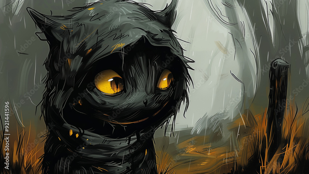 Mysterious Hooded Cat with Glowing Eyes in Rainy Forest, Halloween-themed Art Mysterious Hooded Cat with Glowing Eyes in Rainy Forest, Halloween-themed Art