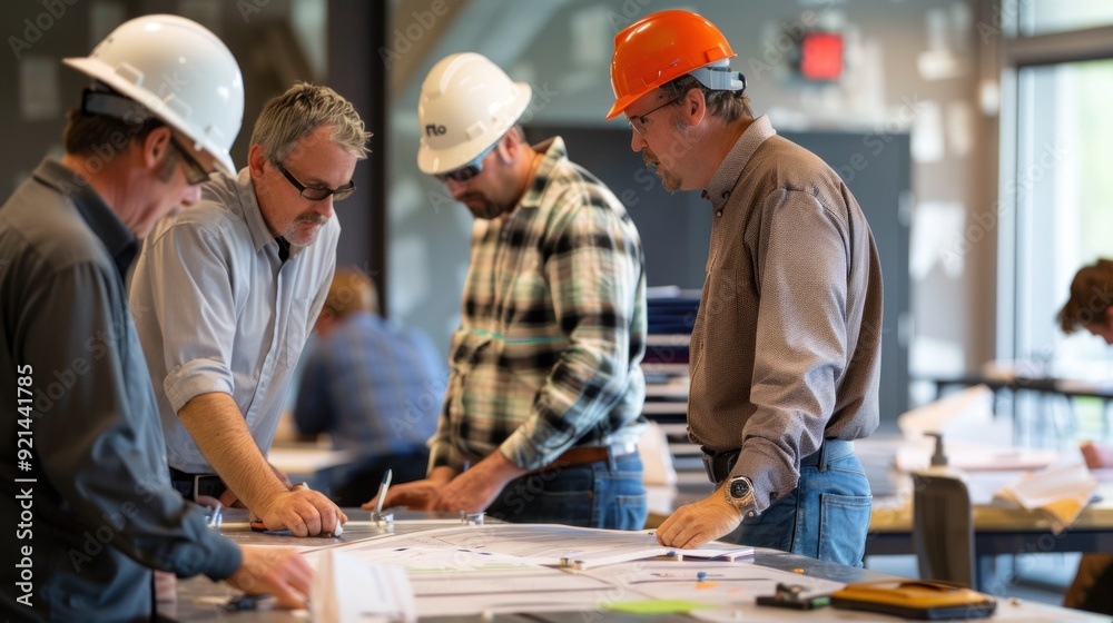 Generate a photo realistic image of a construction project team participating in a workshop to adjust financial plans, with detailed budgeting charts and adjustment strategies Generate a photo realistic image of a construction project team participating in a workshop to adjust financial plans, with detailed budgeting charts and adjustment strategies