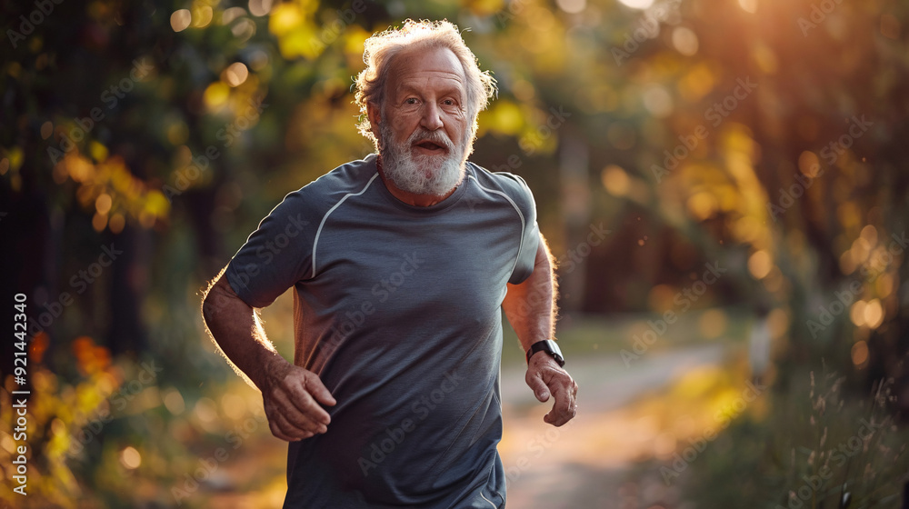 Obraz premium A senior man jogging along a park trail, wearing athletic clothing and looking happy and healthy, with trees lining the path