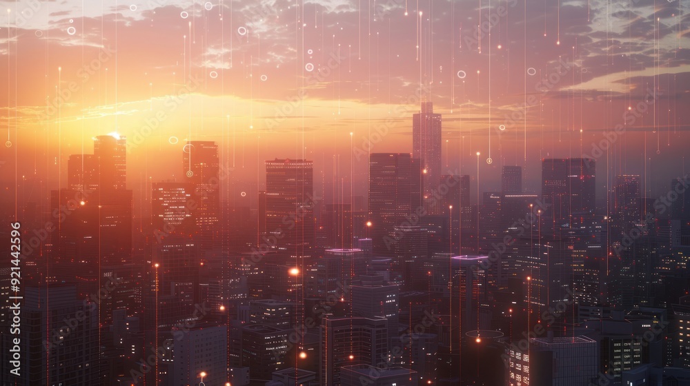 Fototapeta premium Cityscape with Digital Overlay at Sunset