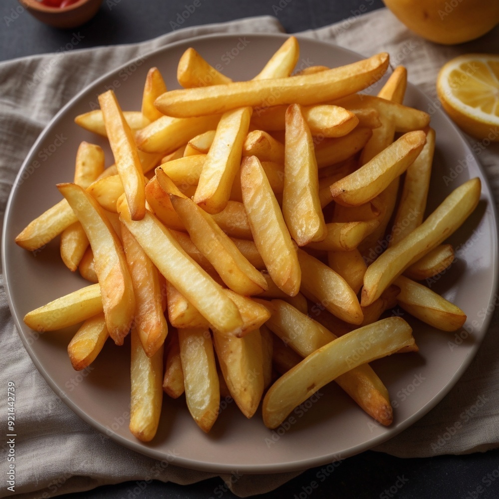 crispy yellow salty french fries fast food snack on a plate