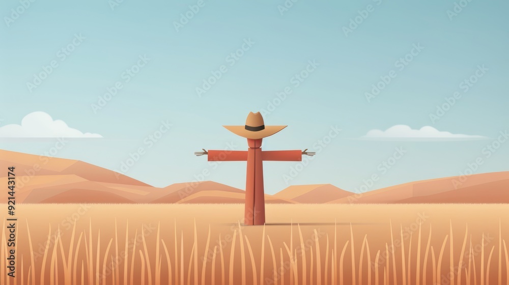 A lone scarecrow in an open field, flat design, basic shapes, 2D vector art, light pastel colors A lone scarecrow in an open field, flat design, basic shapes, 2D vector art, light pastel colors