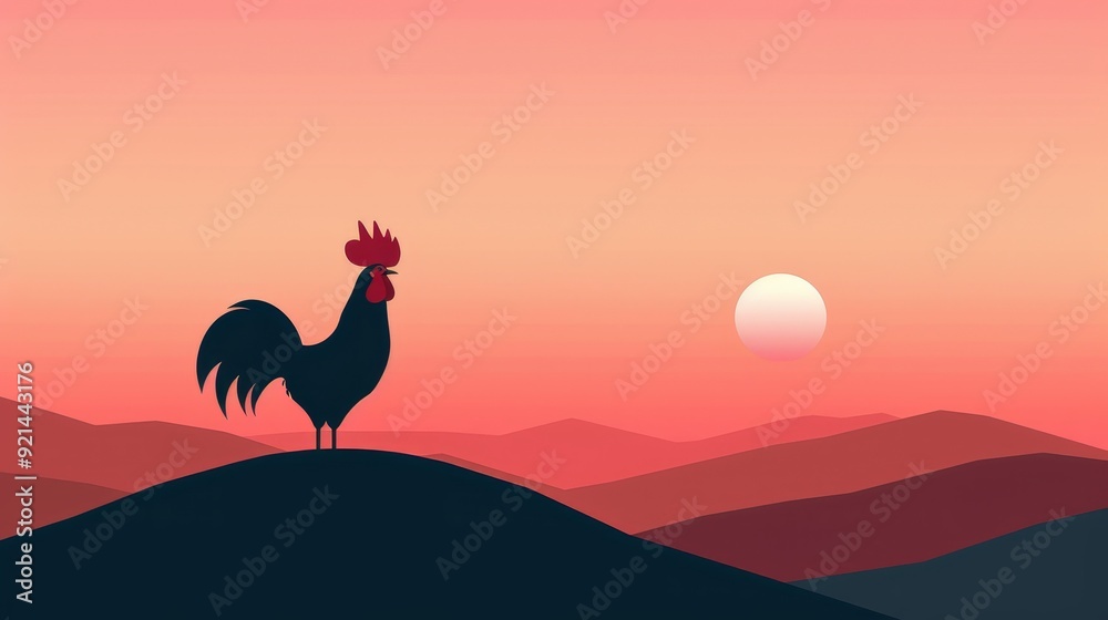 Fototapeta premium A rooster crowing at sunrise, minimalist design, clean lines, 2D vector illustration, simple color palette