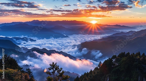 Landscape View Of Mountains And The Sea Of Clouds With Sunset At Eryanping Trail, Alishan National Scenic Area, Xiding, Chiayi,Taiwan photo