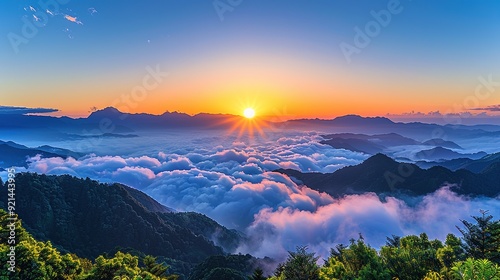 Landscape View Of Mountains And The Sea Of Clouds With Sunset At Eryanping Trail, Alishan National Scenic Area, Xiding, Chiayi,Taiwan photo