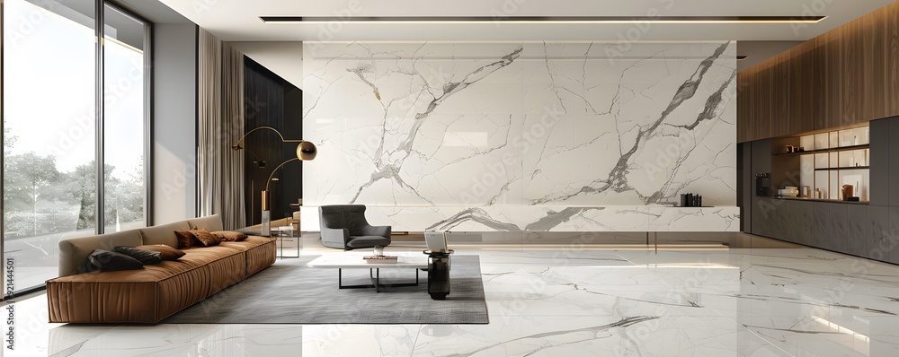 Modern Living Room Interior with Marble Wall and Brown Sofa Modern Living Room Interior with Marble Wall and Brown Sofa