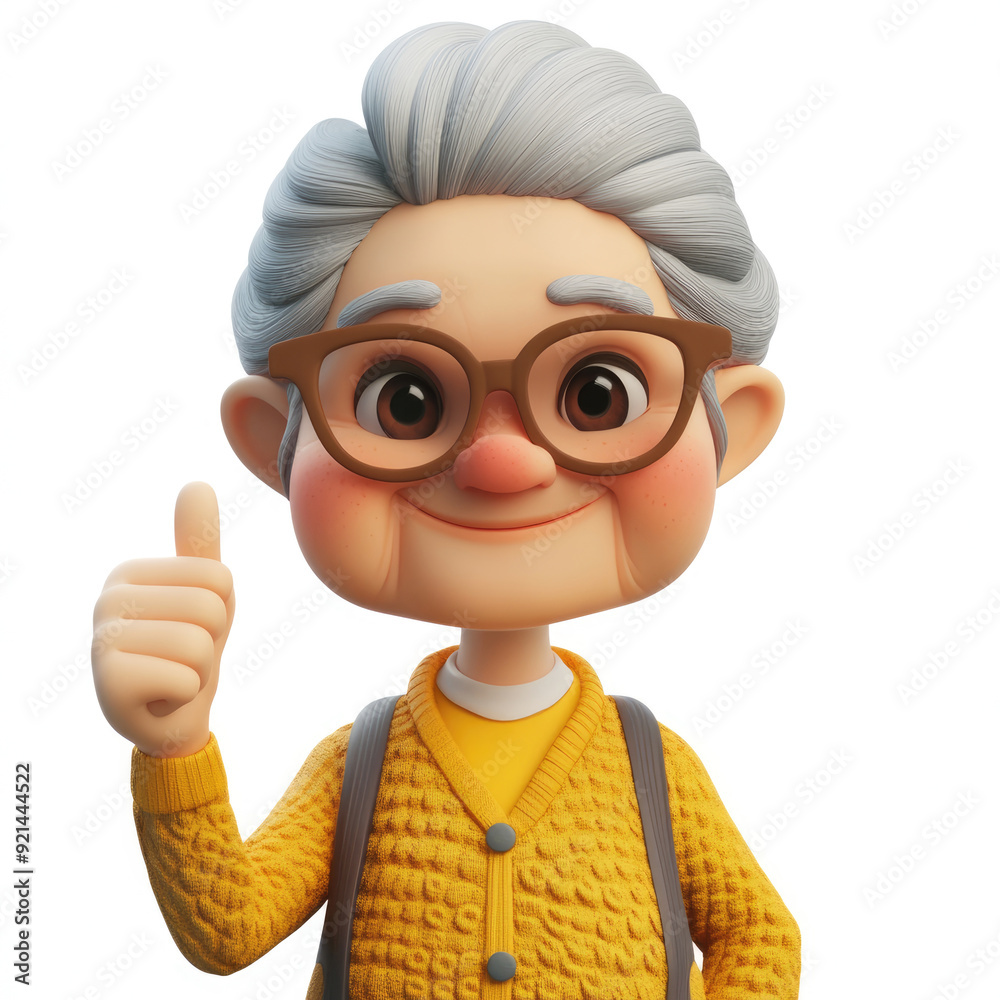 The cartoon elder woman with glasses is smiling and giving a thumbs up. A 3D character on a white background The cartoon elder woman with glasses is smiling and giving a thumbs up. A 3D character on a white background
