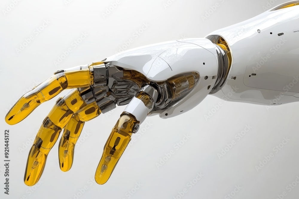 Close up of a futuristic robotic arm with gold accents symbolizing the intersection of robotics advanced technology and luxury design in a sleek modern setting Close up of a futuristic robotic arm with gold accents symbolizing the intersection of robotics advanced technology and luxury design in a sleek modern setting