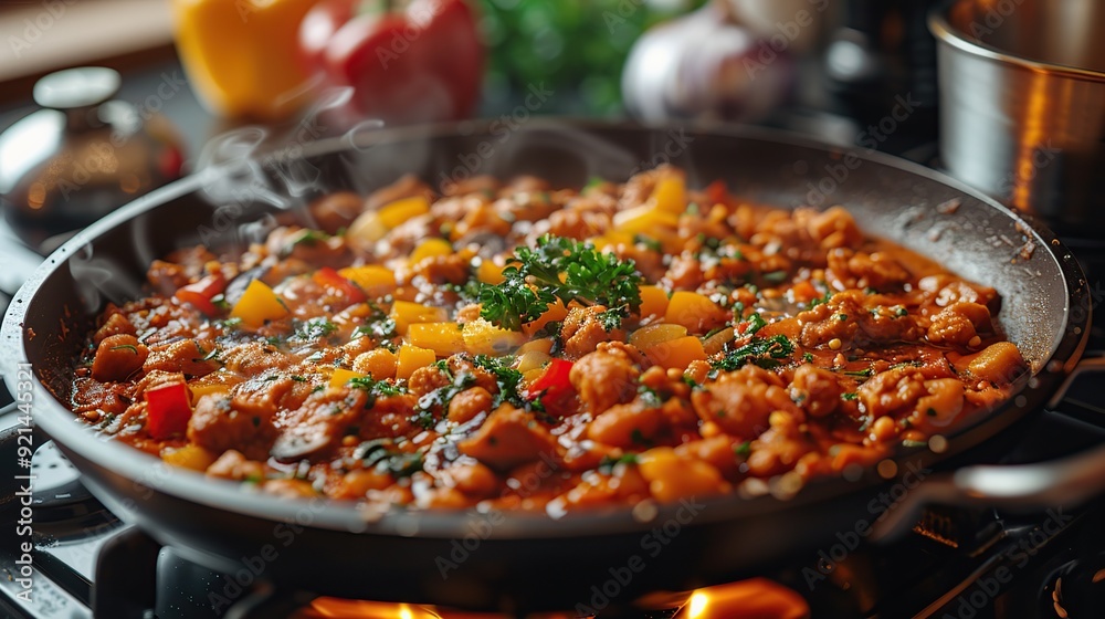 Steaming Hot Chili in a Black Pan Steaming Hot Chili in a Black Pan