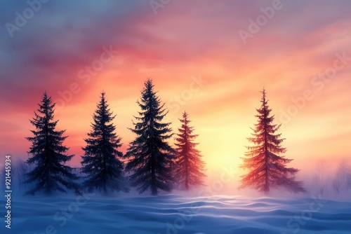 Serene winter landscape featuring tall trees against a vibrant sunrise. A perfect blend of nature's beauty and tranquility.