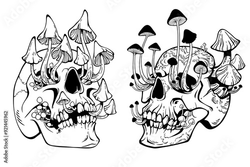 Two drawn skulls overgrown with mushrooms. Black line art on a white background