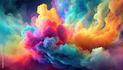 Colorful dense smoke clouds flow abstract painting art wallpaper or background. Multicolor, fuchsia pink, orange, purple, blue, yellow, turquoise green gases expansion and condensation on sky space. 